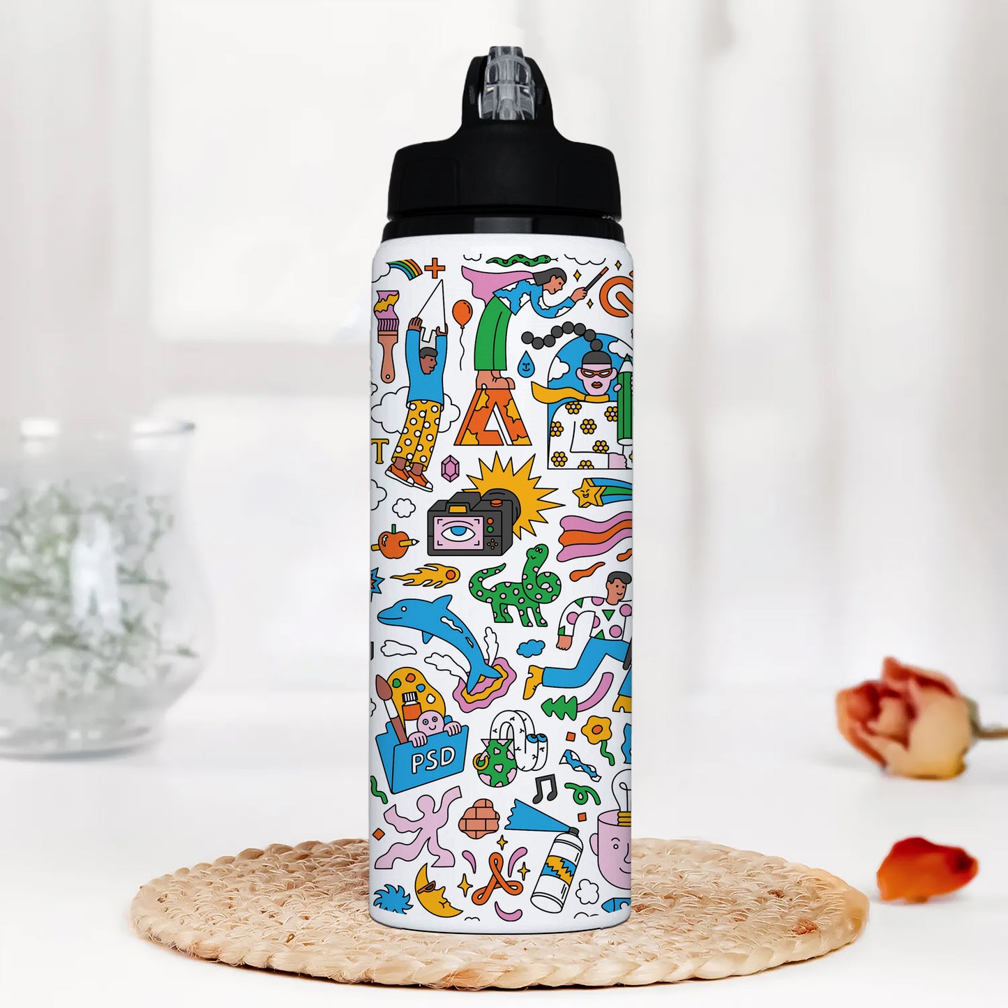 Colorfull Hand drawing Doodle art Printed Black Nozzle Water Bottle 750 ml For Gym, Yoga, Kids, Boys, Girls, Brother, Sister, Babies, Baby, Workout, Adults