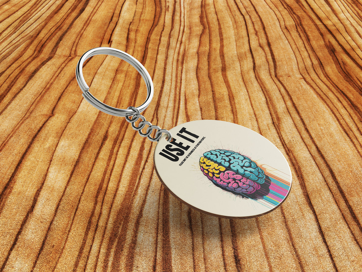 Vibrant Dual Hemisphere Brain Art Motivational Printed Round Circle Shape Wooden Keyring with Chain