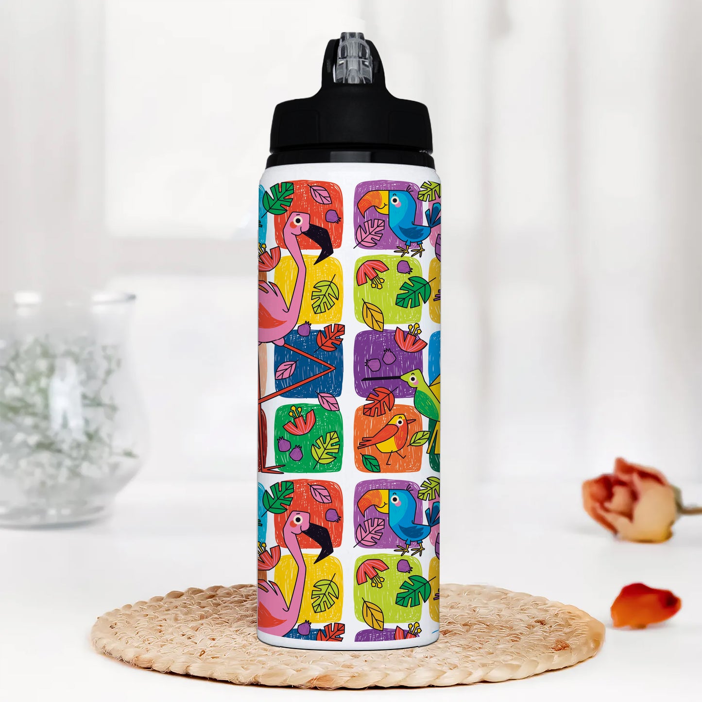 Childlike animals pattern design Printed Black Nozzle Water Bottle 750 ml For Gym, Yoga, Kids, Boys, Girls, Brother, Sister, Babies, Baby, Workout, Adults