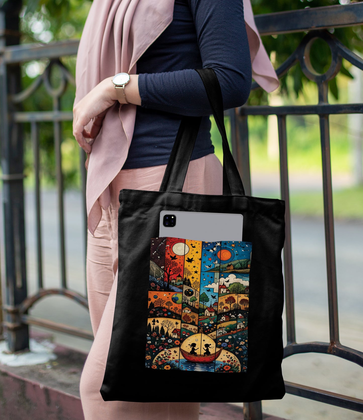 Painting of a person in a boat Design Printed Black Patch With Pocket Tote Bag (14 X 16 Inches) For Shopping, College, Travel