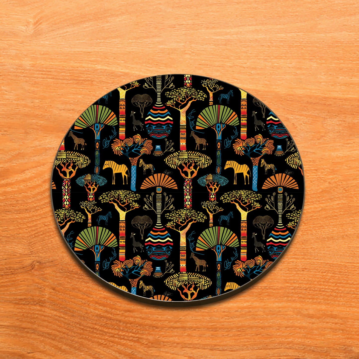 Tree and Animals African Pattern Design Full Black 330 ml Coffee Mug with Coaster