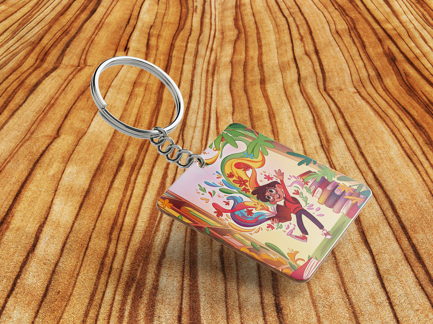 Colorful School Library Books Printed Square Shape Wooden Keyring with Chain