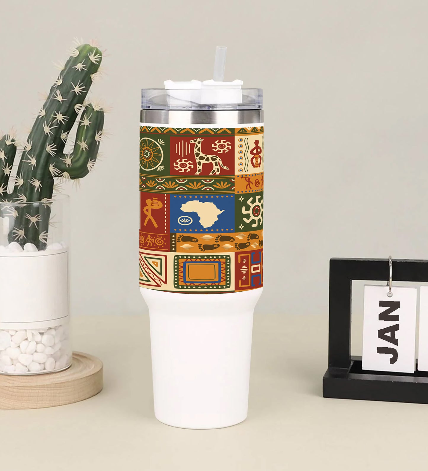 Flat African pattern 3 design Printed 850ML with Lid Leak Proof Big Travel Tumbler with Handle and Straw