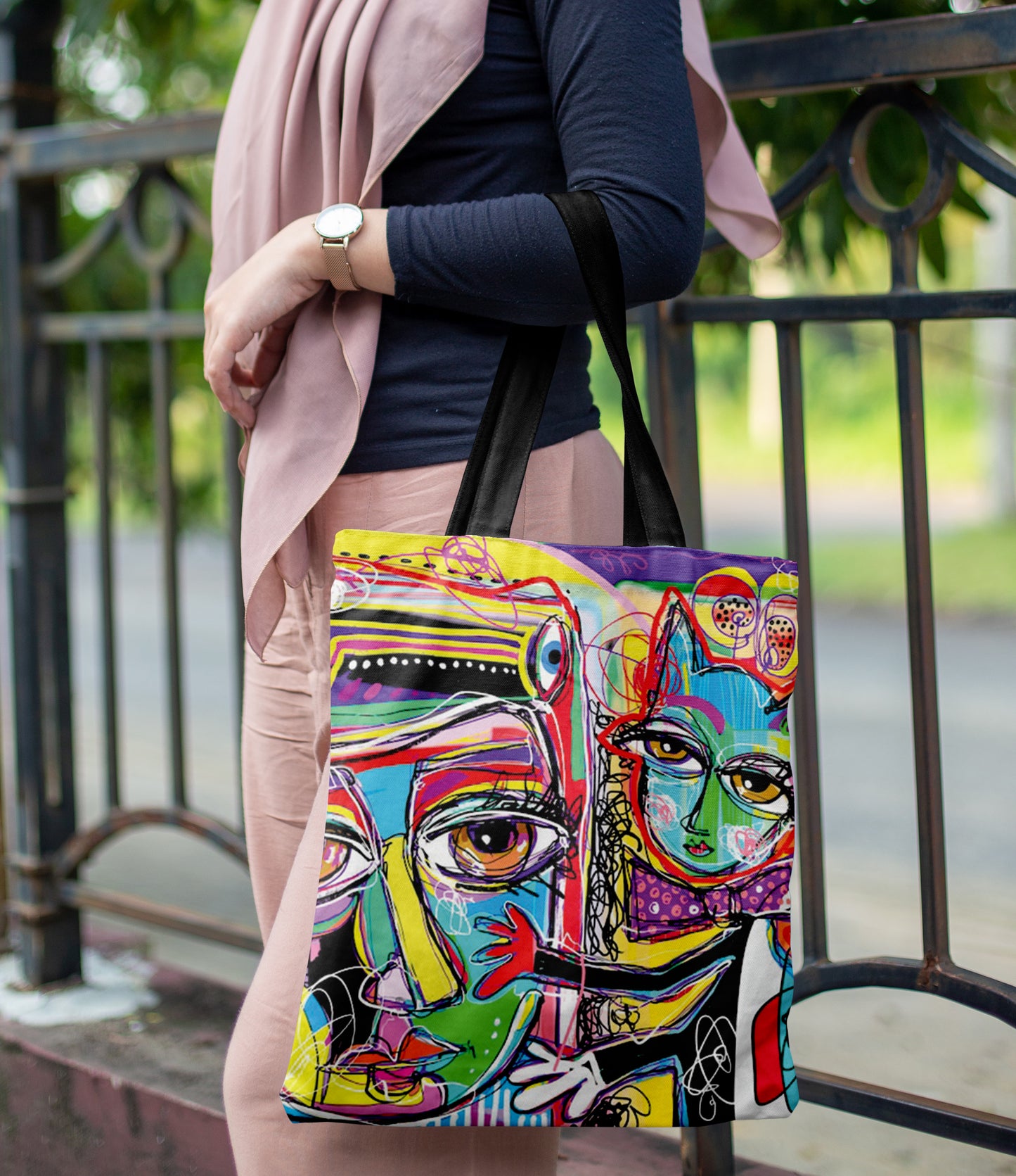 Abstract Digital Painting Printed Black Handle Tote Bag (14 X 16 Inches) For Shopping, College, Travel
