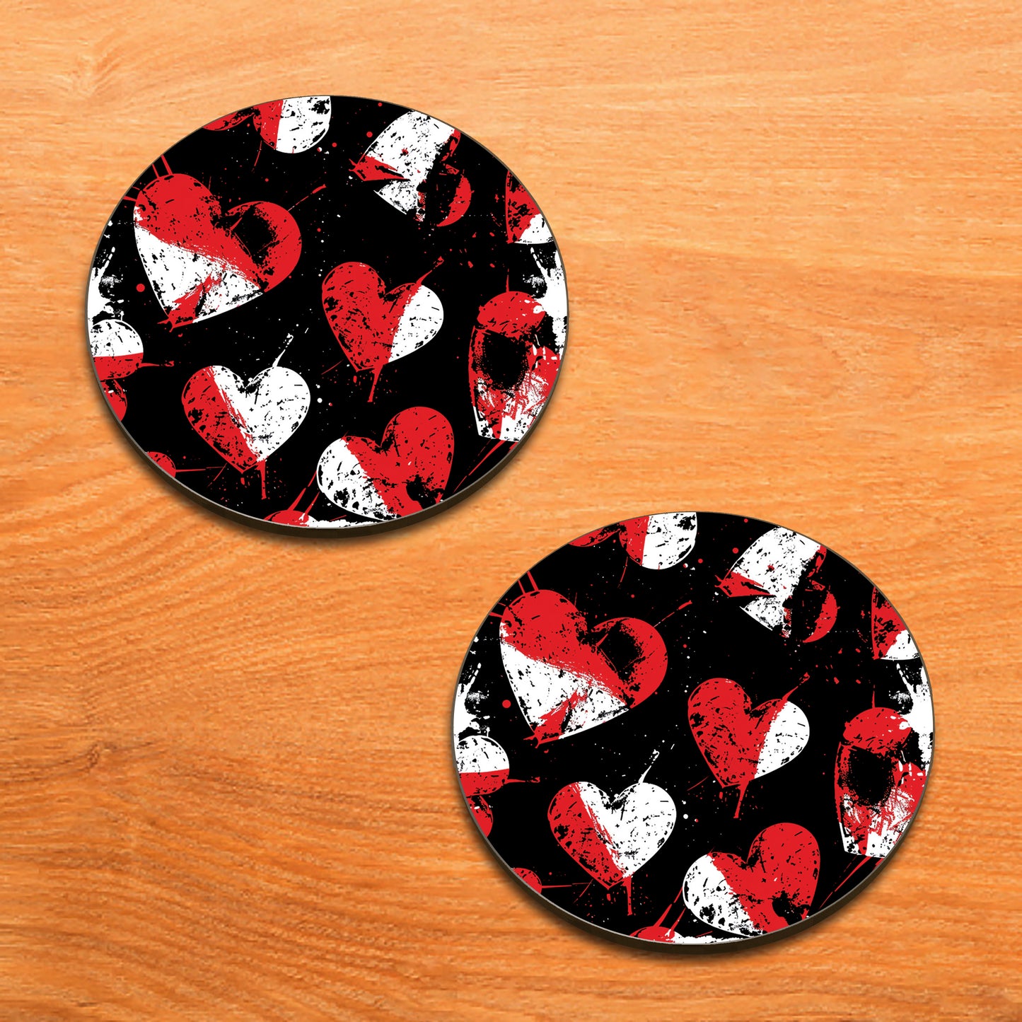 Red and White Stamped Hearts Pattern Combo Mugs and Coaster(Set of 2 Mugs and 2 coasters) 330 ml Full Black Coffee Mug