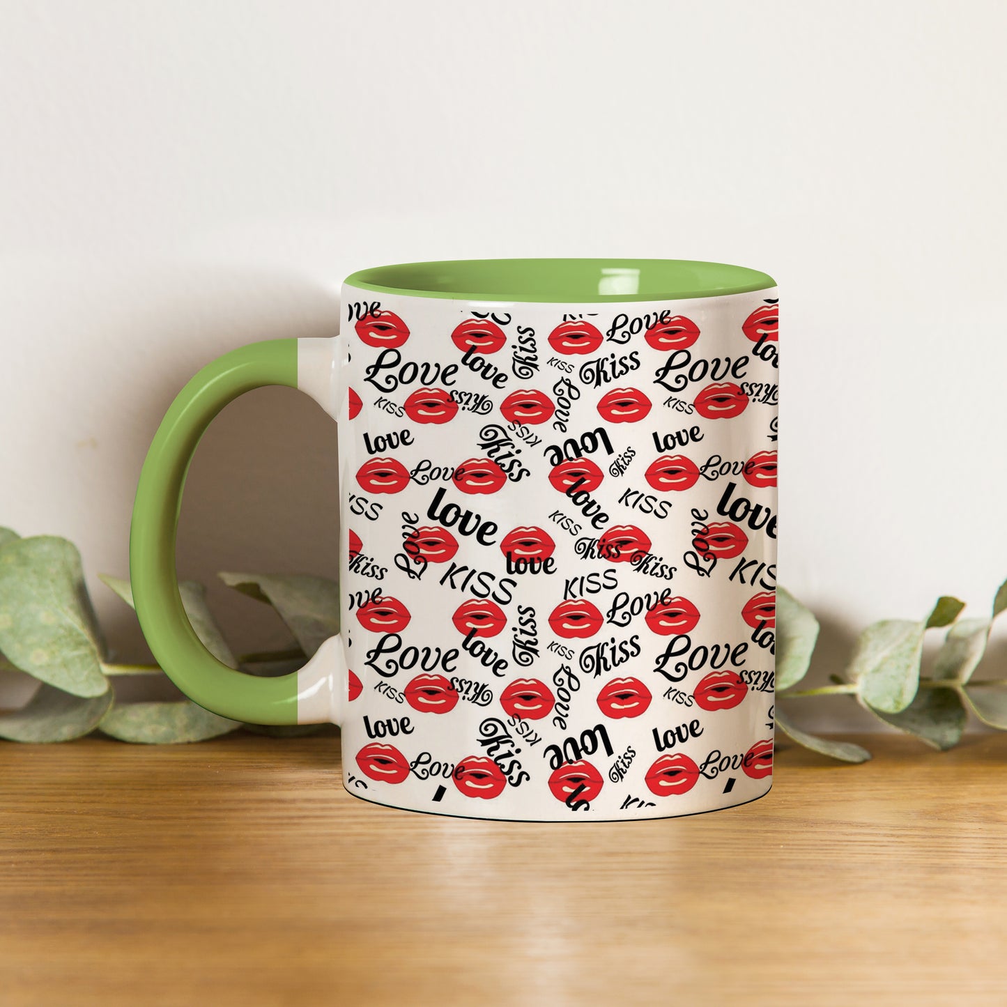 red kissing lips vector Pattern design Pattern Lite Green Handle 330 ml Coffee Mug