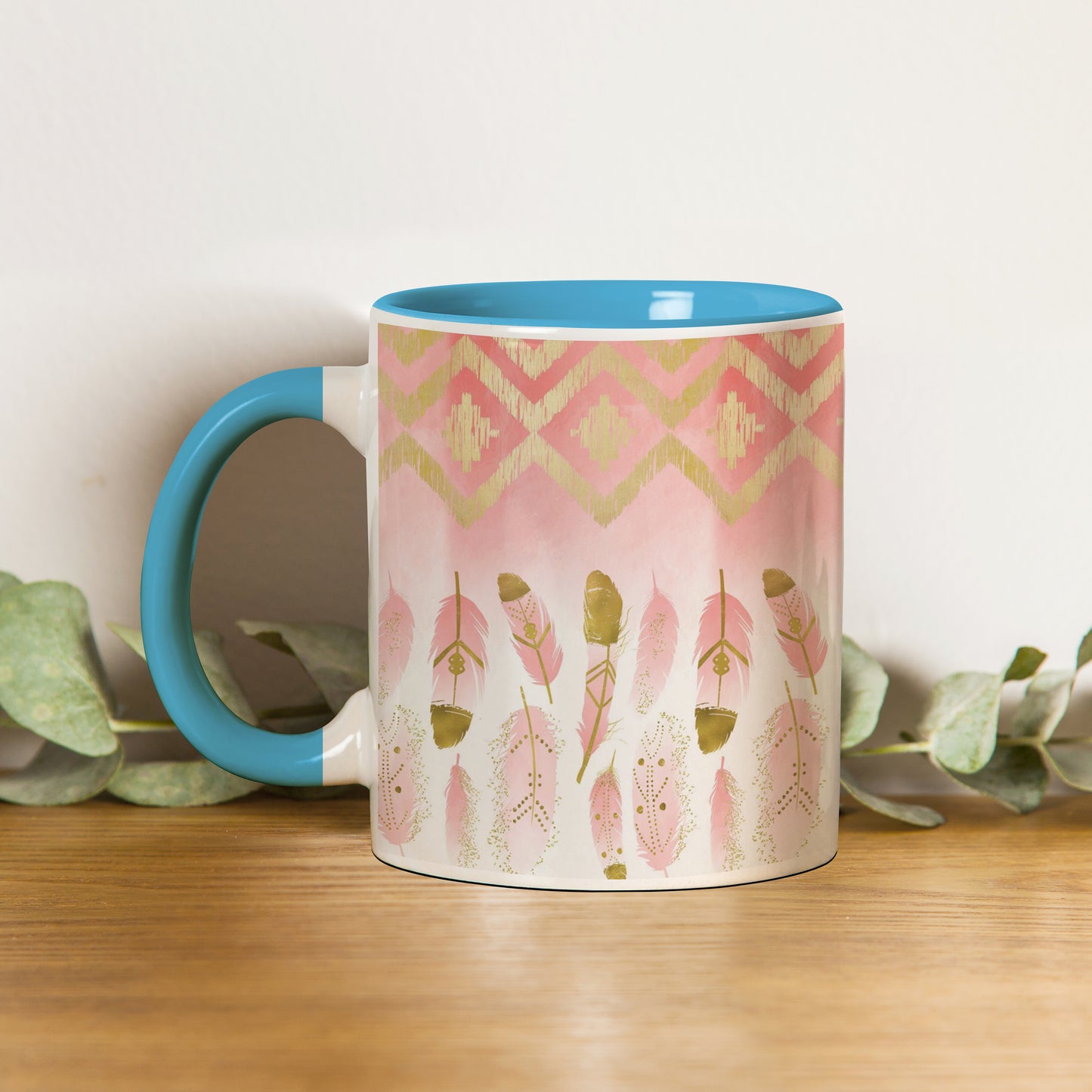Pink plumas design Pattern Sky Blue Handle 330 ml Coffee Mug