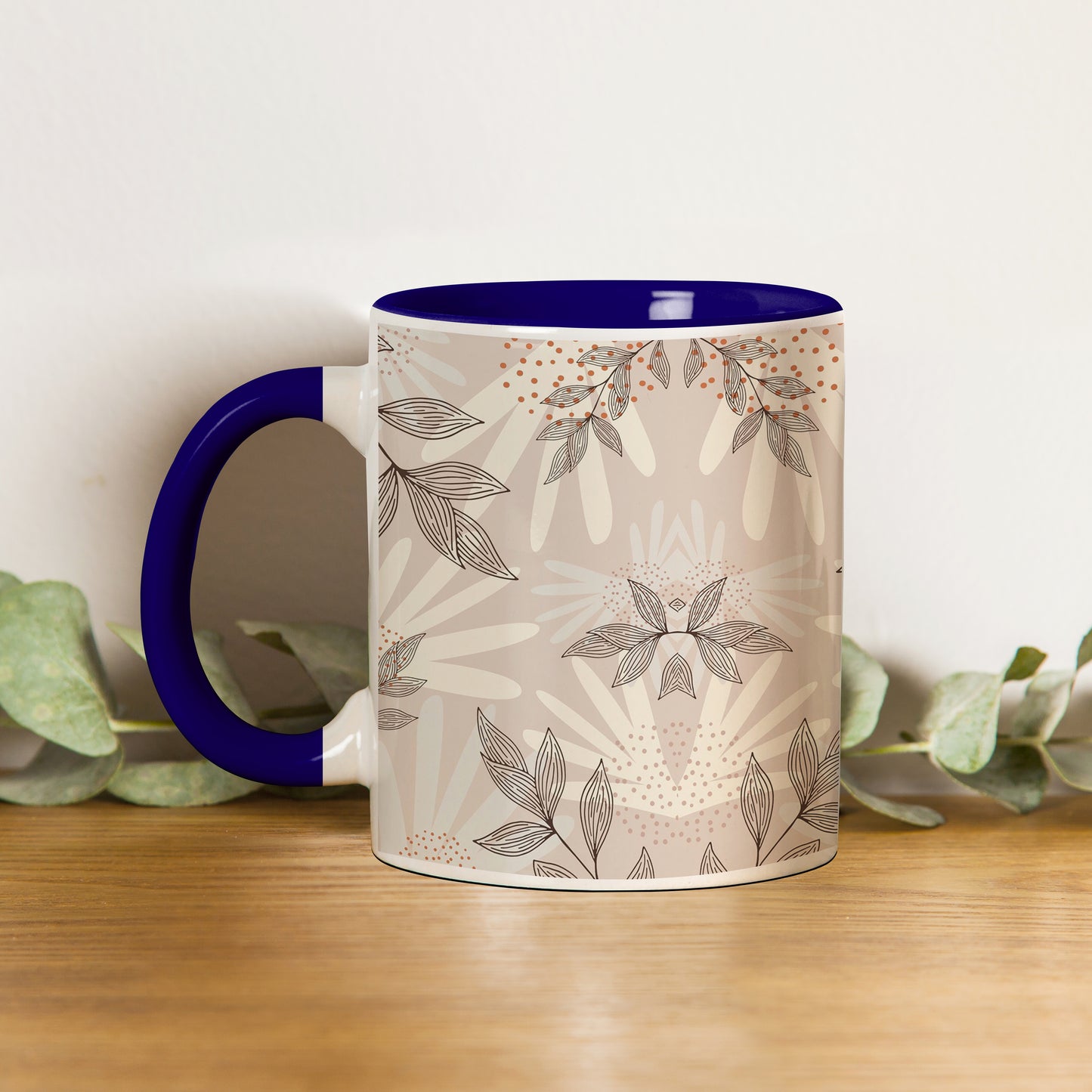 Abstract leaves and dots pattern design Pattern Dark Blue Handle 330 ml Coffee Mug