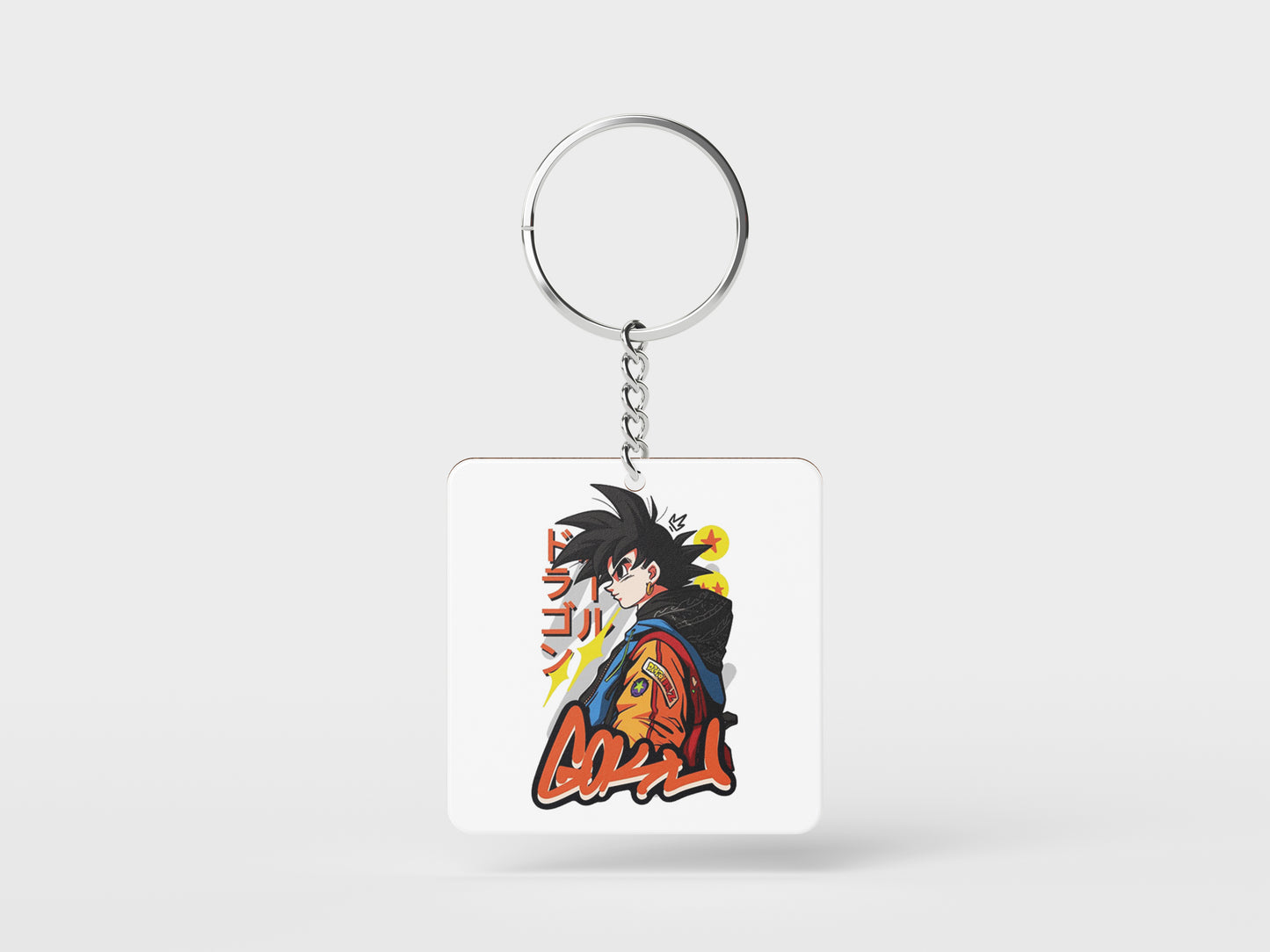 Goku streetwear Sticker Printed Square Shape Wooden Keyring with Chain