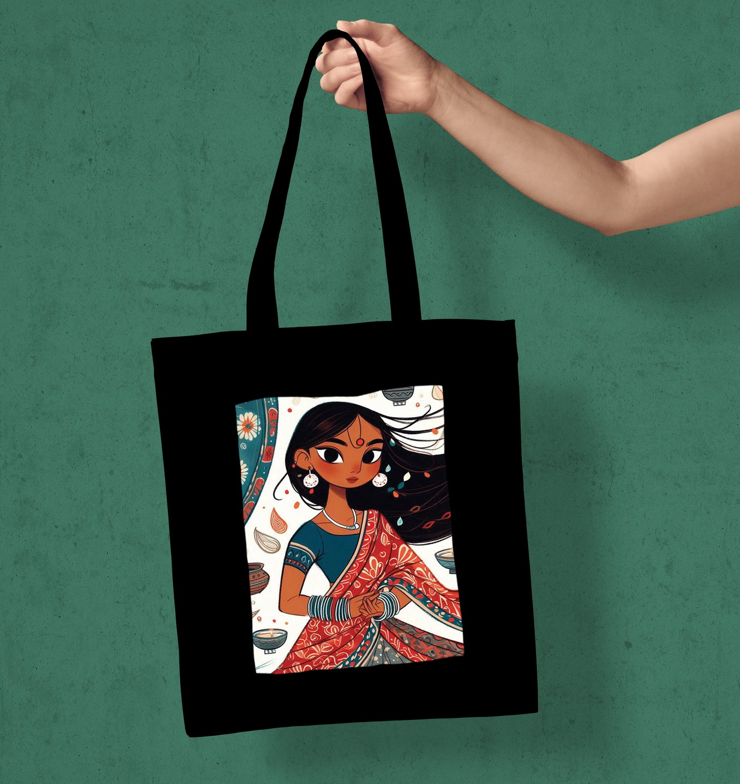 Young indian girl cartoon Design Printed Black Patch With Pocket Tote Bag (14 X 16 Inches) For Shopping, College, Travel