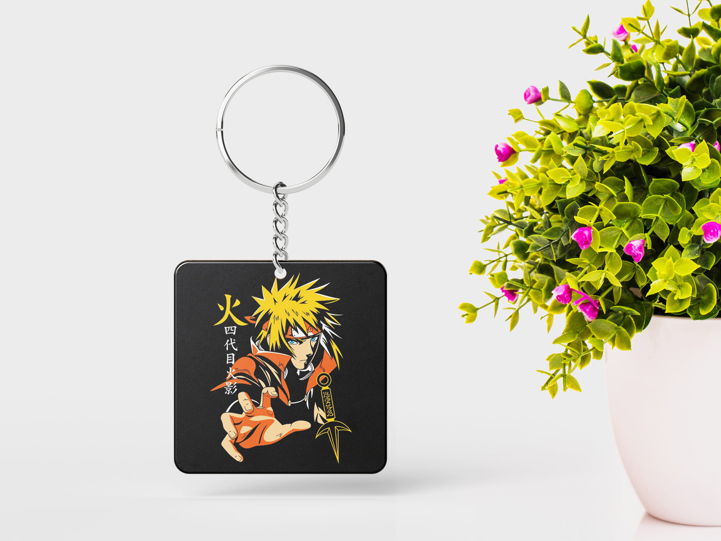 Namikaze Minato Yellow Flash design Printed Square Shape Wooden Keyring with Chain
