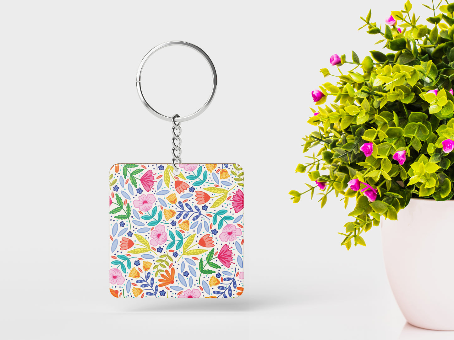 Amazing seamless floral pattern Printed Square Shape Wooden Keyring with Chain