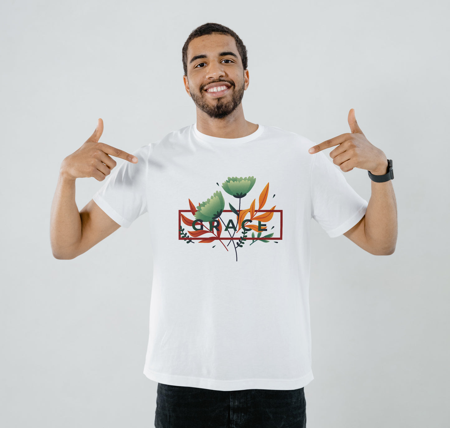 Minimalist spring leaves with grace word Printed White Round Neck Polyester T Shirt for Mens and woman's
