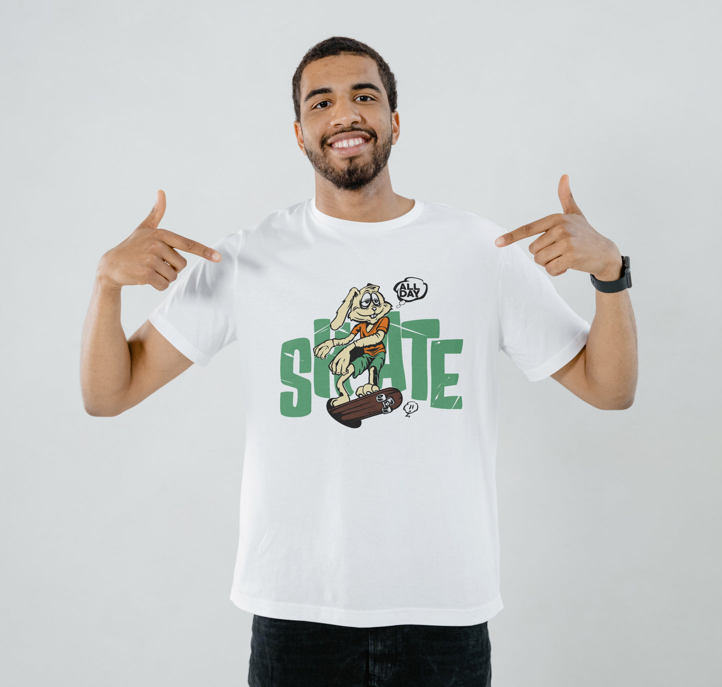 Bunny with Skateboard Text All Day Skate design Printed White Round Neck Polyester T Shirt for Mens and woman's