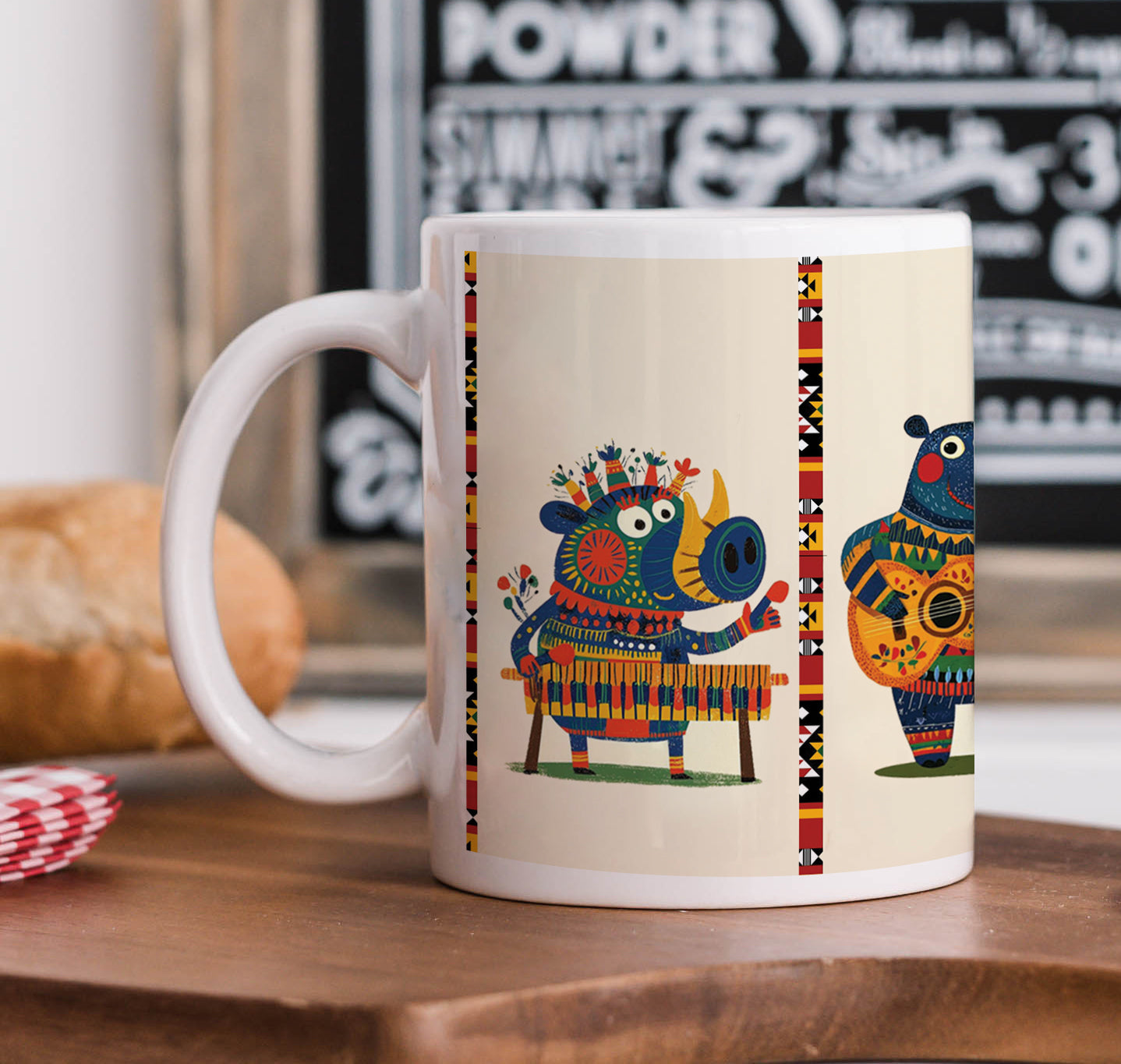 Animals Playing Instruments Pattern Printed 330 ml White Coffee Mug with Square Shape Wooden Keyring and Chain