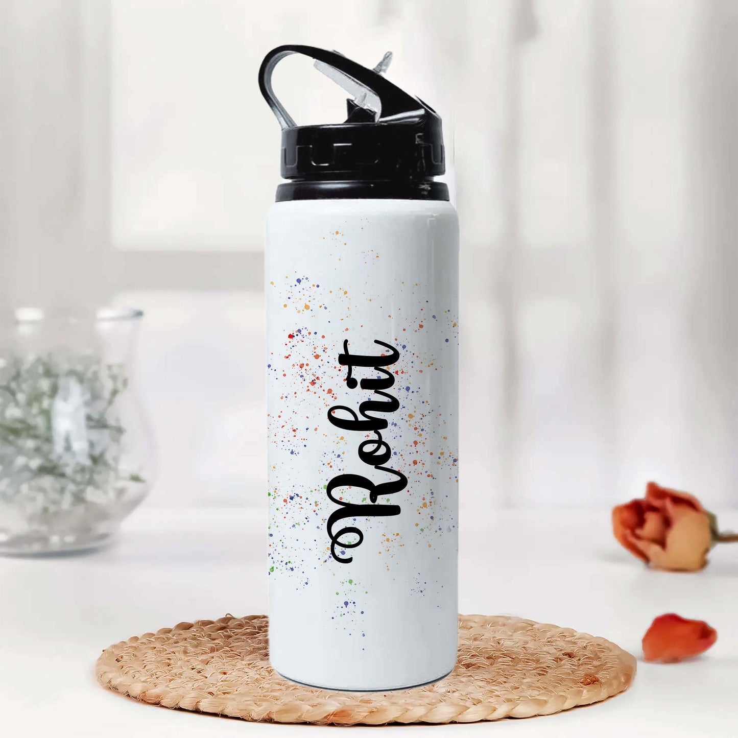 Personalized Name White Bottle with Lid & Straw