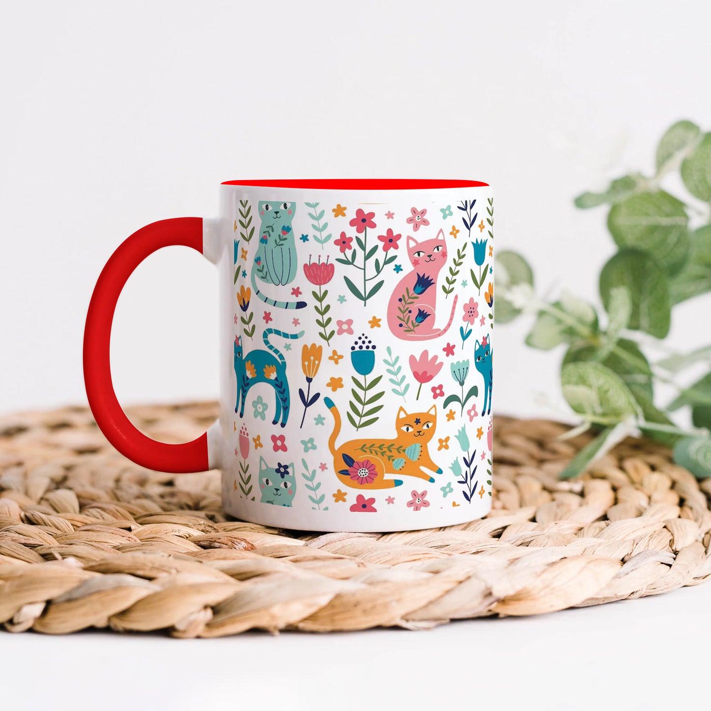 Vector seamless pattern with flowers and cats Cute Flower Cats in cartoon style Red Handle 330 ml Coffee Mug