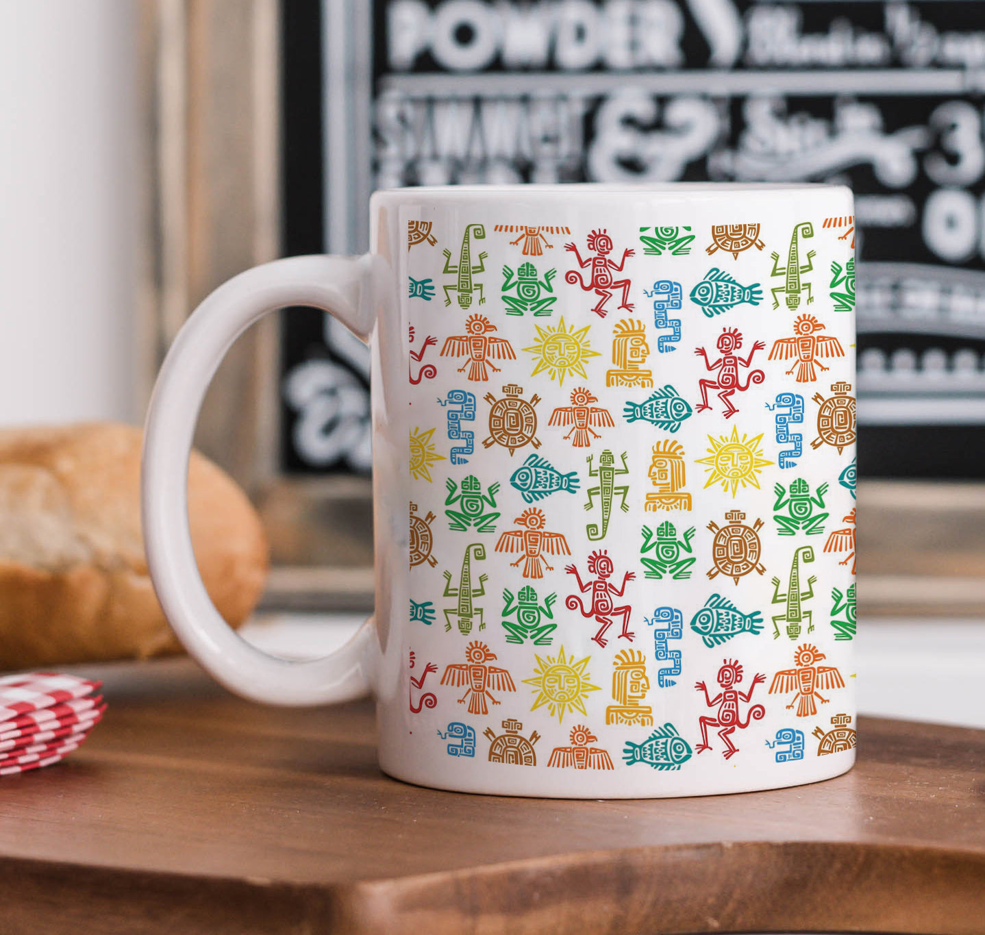 Maya Aztec Totems Seamless Pattern Printed 330 ml White Coffee Mug with Square Shape Wooden Keyring and Chain
