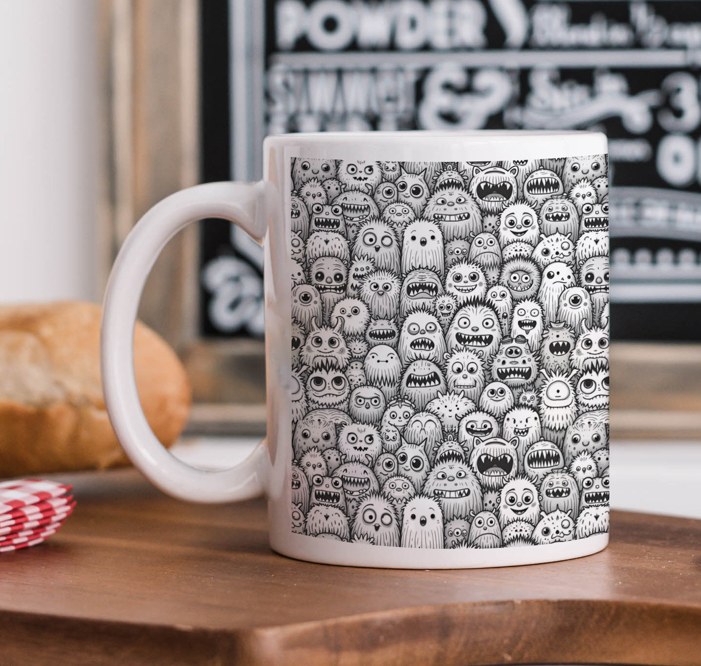 Black and White Monster Pattern Printed 330 ml White Coffee Mug with Square Shape Wooden Keyring and Chain