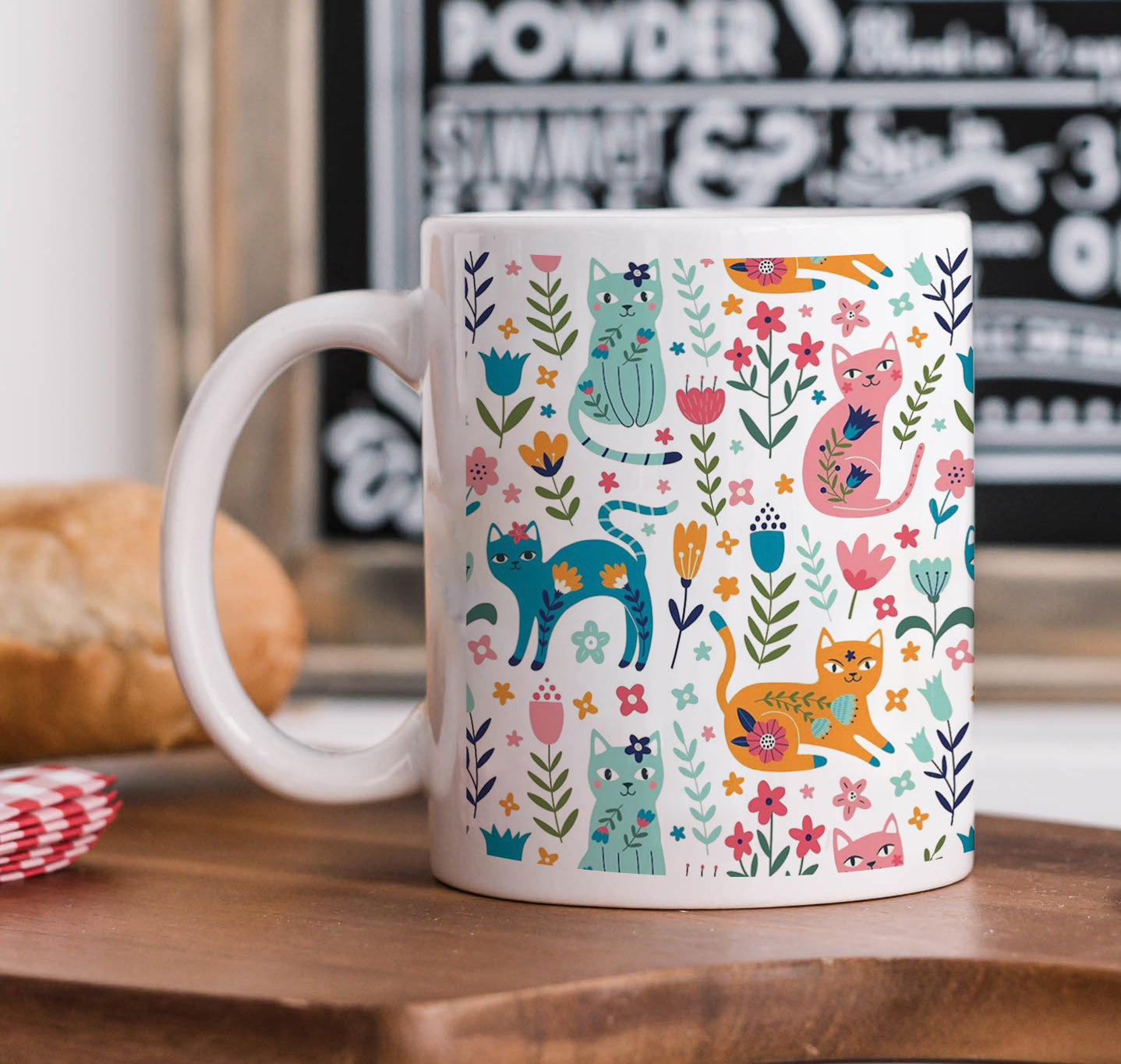 Vector seamless pattern with flowers and cats Cute Flower White 330 ml Coffee Mug