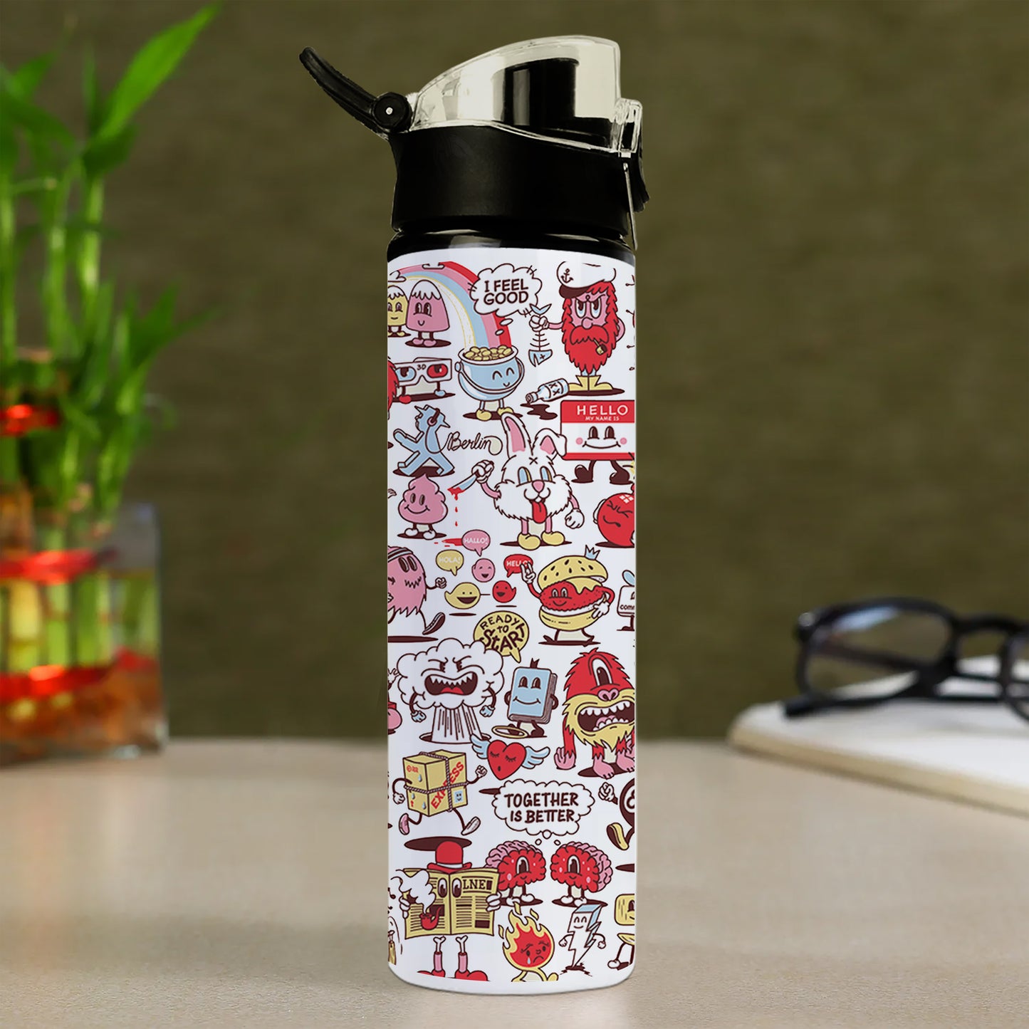 Cartoon doodle Pattern Printed Flip Flop Water Bottle 750 ml For Gym, Yoga, Kids, Boys, Girls, Brother, Sister, Babies, Baby, Workout, Adults