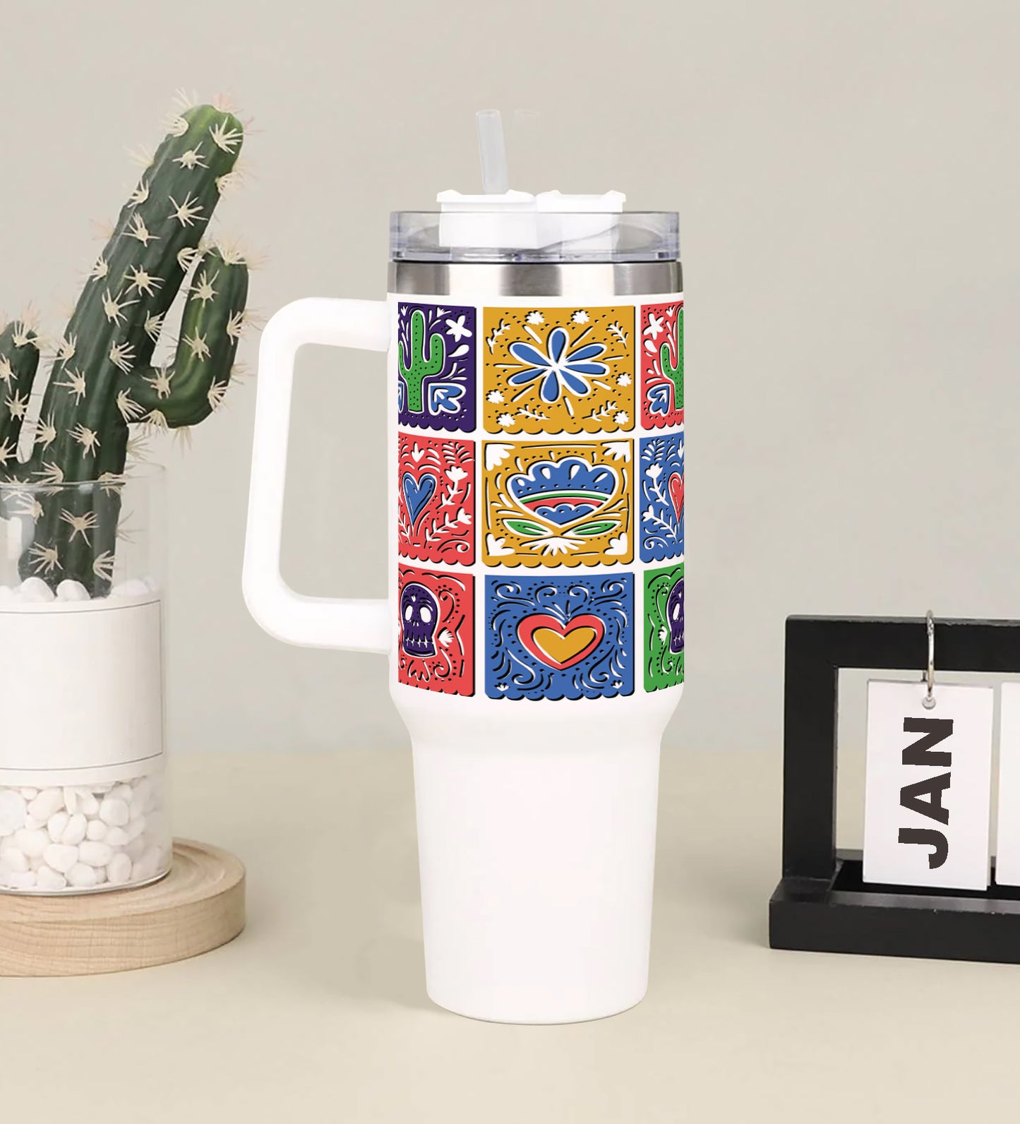 Mexican bunting design Printed 850ML with Lid Leak Proof Big Travel Tumbler with Handle and Straw