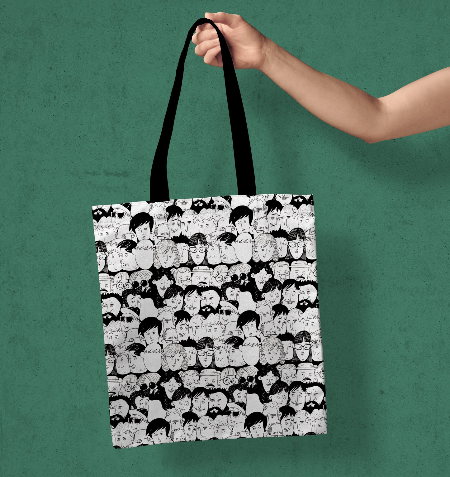 Seamless faces Art Design Printed Black Handle Tote Bag (14 X 16 Inches) For Shopping, College, Travel