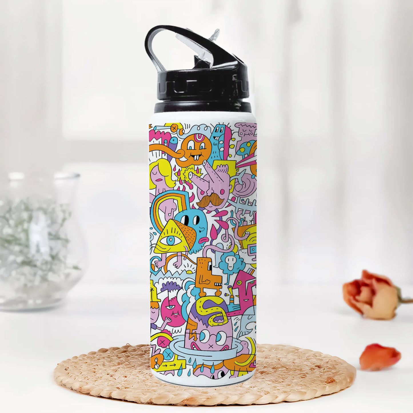 A colorful illustration of a group of people with different faces and the words Printed Black Nozzle Water Bottle 750 ml For Gym, Yoga, Kids, Boys, Girls, Brother, Sister, Babies, Baby, Workout, Adults