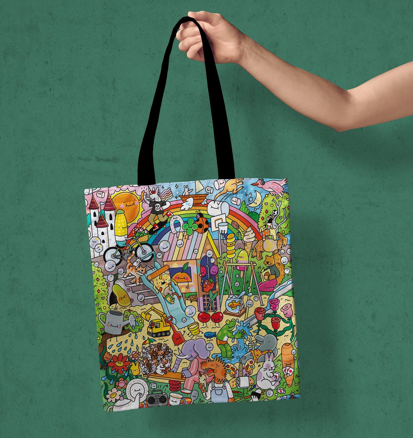 Cartoon Doodle Art Design Printed Black Handle Tote Bag (14 X 16 Inches) For Shopping, College, Travel