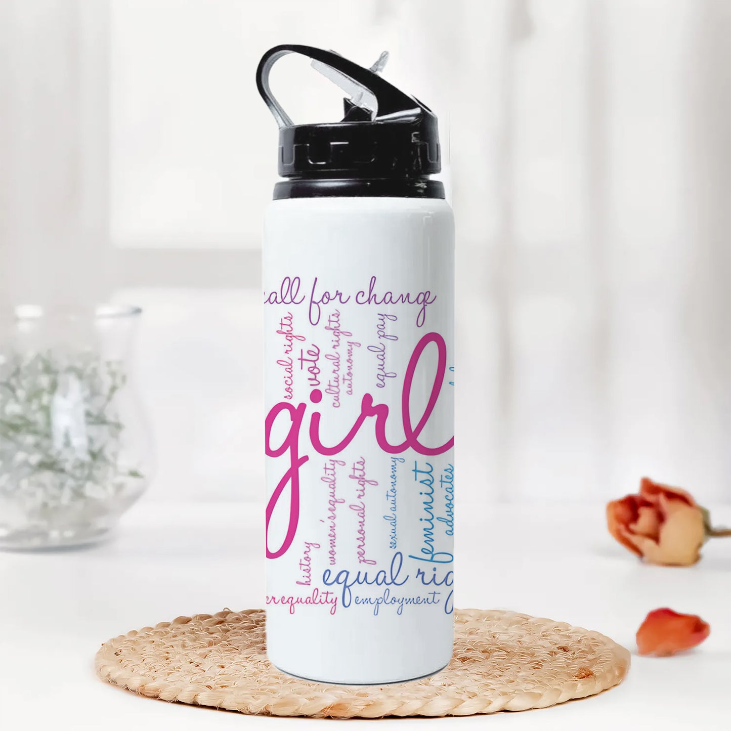 Girl Power word cloud typography pattern Printed Black Nozzle Water Bottle 750 ml For Gym, Yoga, Kids, Boys, Girls, Brother, Sister, Babies, Baby, Workout, Adults