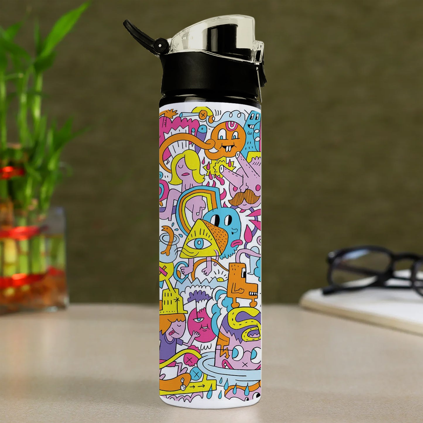 A colorful illustration of a group of people with different faces and the words Printed Flip Flop Water Bottle 750 ml For Gym, Yoga, Kids, Boys, Girls, Brother, Sister, Babies, Baby, Workout, Adults