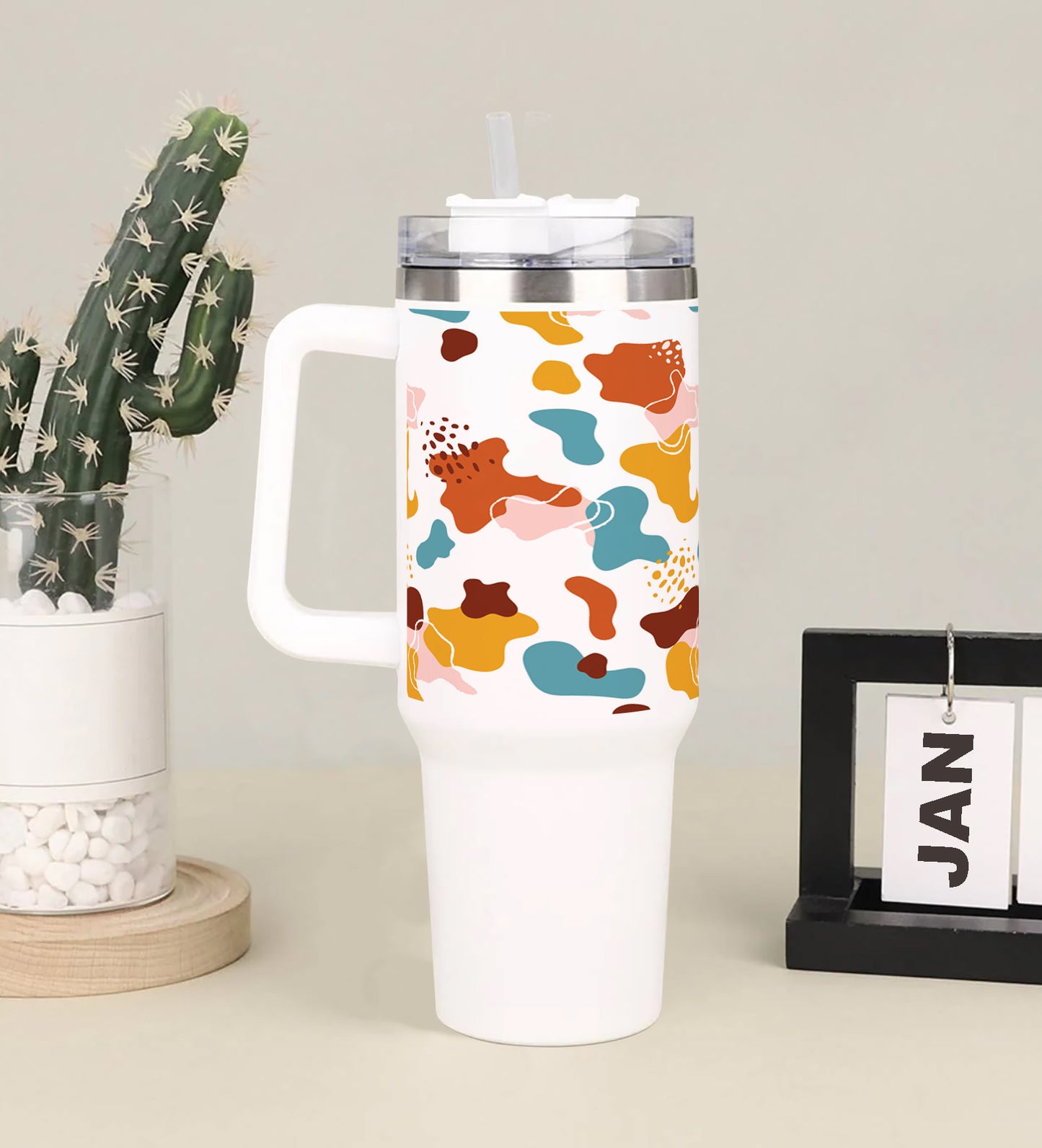 Hand drawn abstract doodle pattern design Printed 850ML with Lid Leak Proof Big Travel Tumbler with Handle and Straw