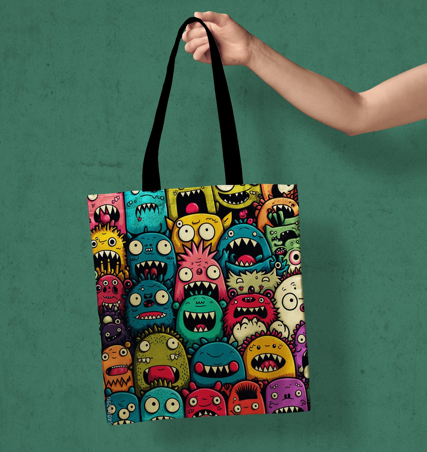 Funny Monsters Pattern Printed Black Handle Tote Bag (14 X 16 Inches) For Shopping, College, Travel