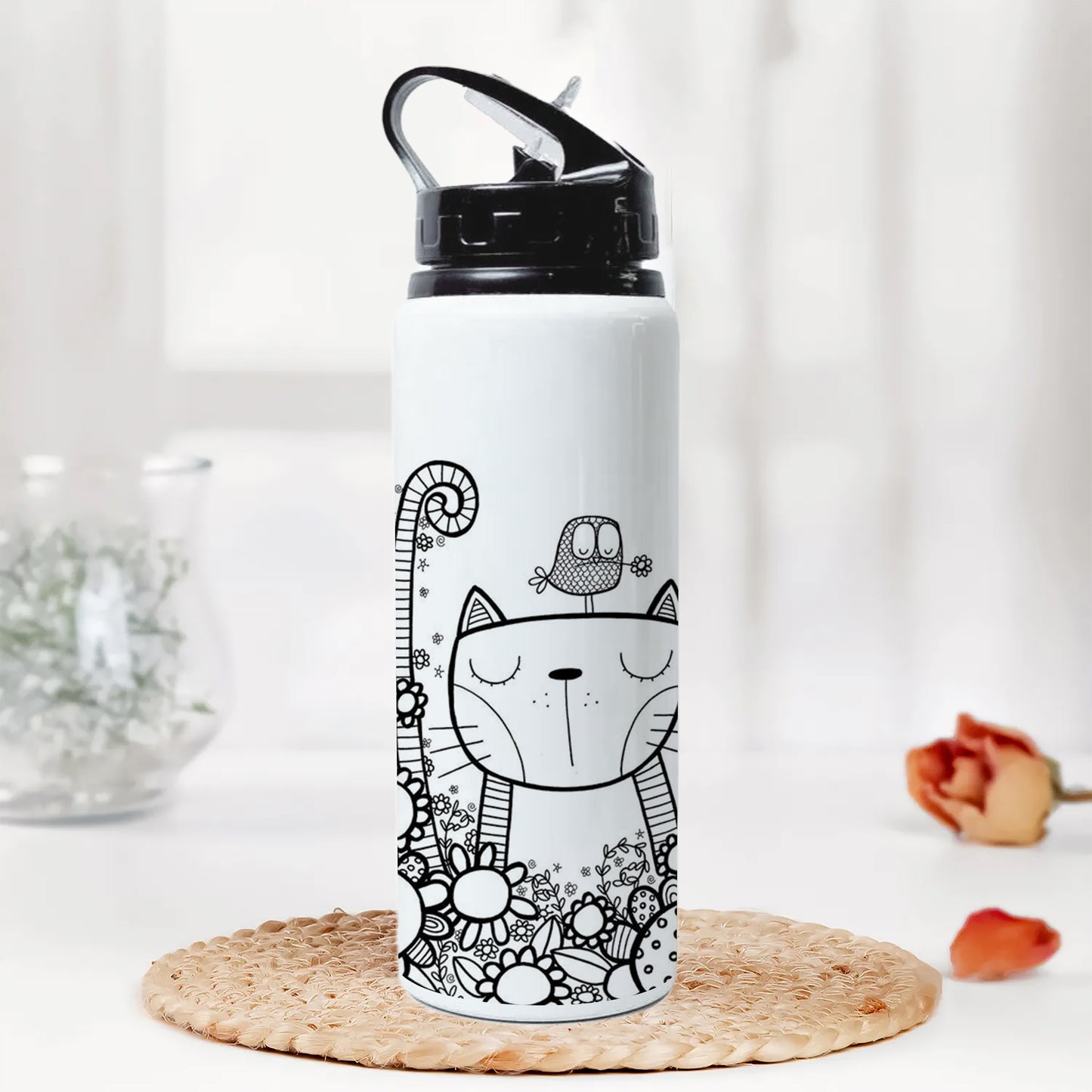 Black in white doodle art cat and birds Printed Black Nozzle Water Bottle 750 ml For Gym, Yoga, Kids, Boys, Girls, Brother, Sister, Babies, Baby, Workout, Adults