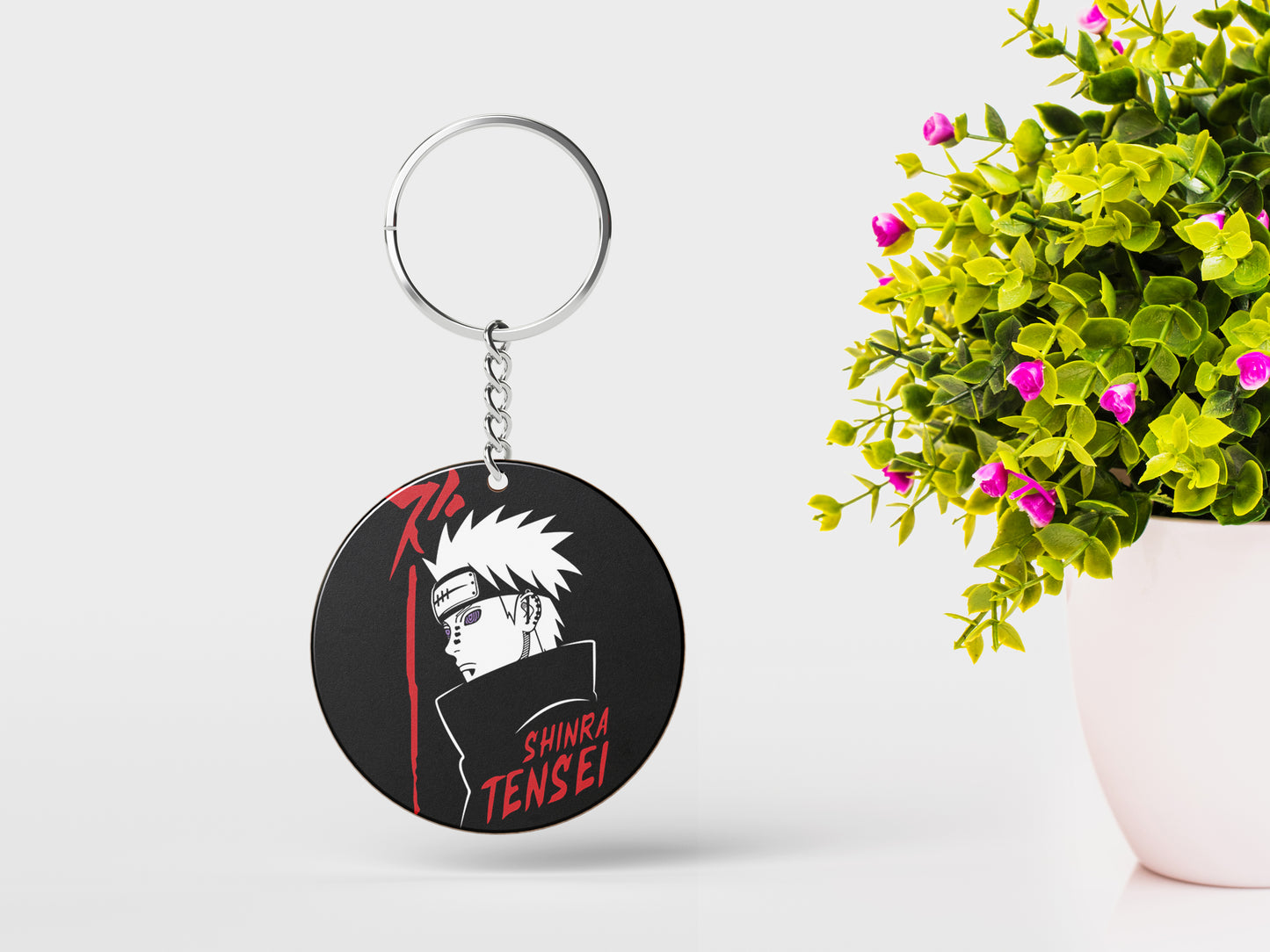 All Mighty Pain Printed Round Circle Shape Wooden Keyring with Chain