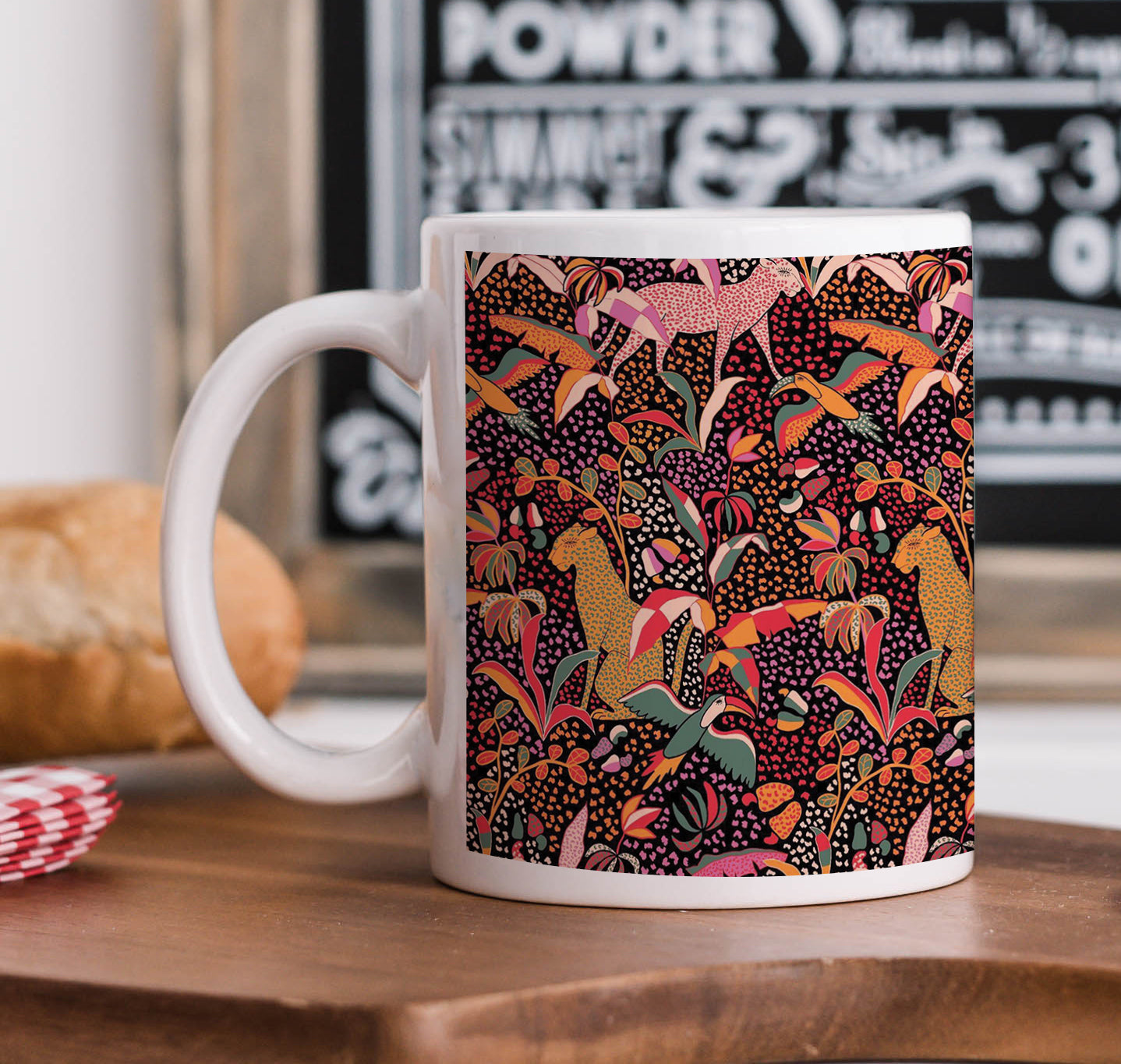 Cheetah and Flower Pattern Printed 330 ml White Coffee Mug with Square Shape Wooden Keyring and Chain