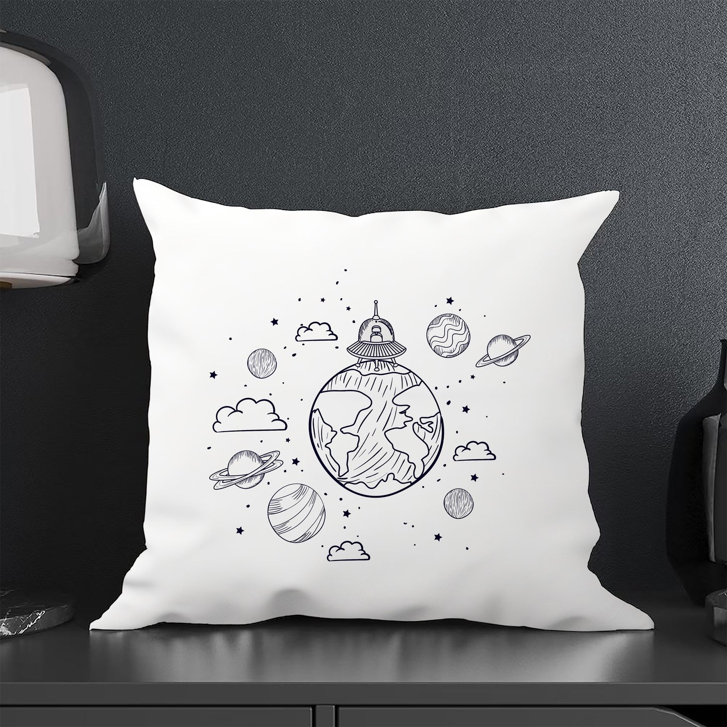 UFO and Planet Design Cushion (12x12 inches) Pack of 1