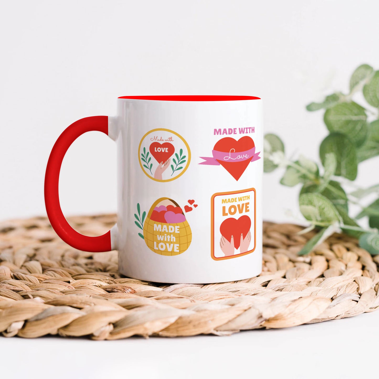 Hand drawn made with love floral label design Red Handle 330 ml Coffee Mug