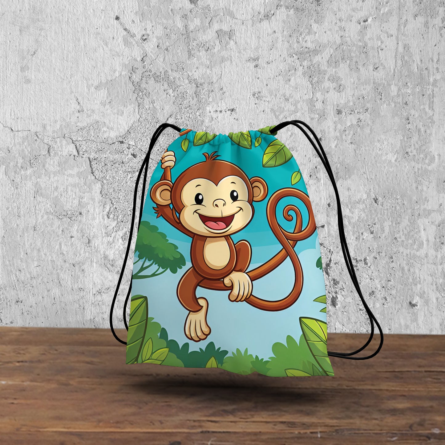 Cute Monkey Hanging on Tree Pattern Polyester String Backpack Bags for kids for Gym, Yoga, Tuition ,Beach Bag for 4-10 year boys and girls