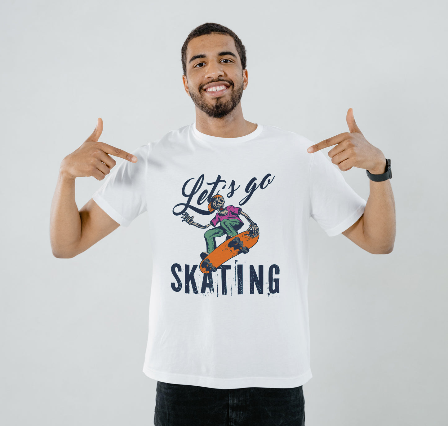 Skeleton playing skateboard illustration design Printed White Round Neck Polyester T Shirt for Mens and woman's