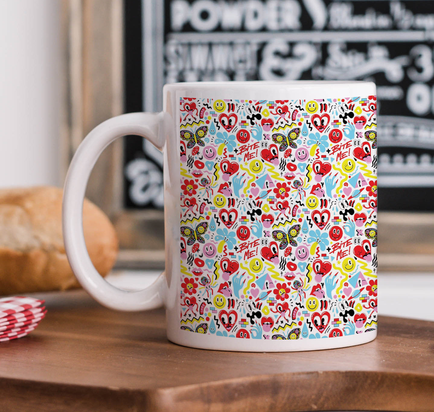 Love Elements Pattern Printed 330 ml White Coffee Mug with Square Shape Wooden Keyring and Chain