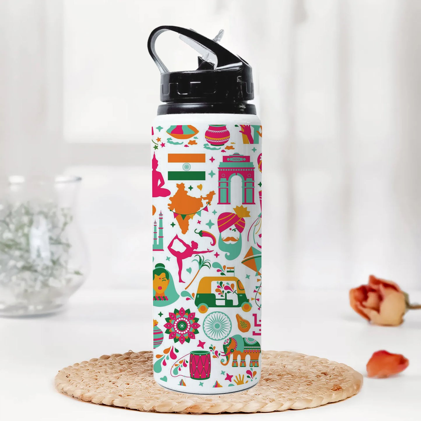 Indian architecture and Asian traditions set Pro Vector Printed Black Nozzle Water Bottle 750 ml For Gym, Yoga, Kids, Boys, Girls, Brother, Sister, Babies, Baby, Workout, Adults