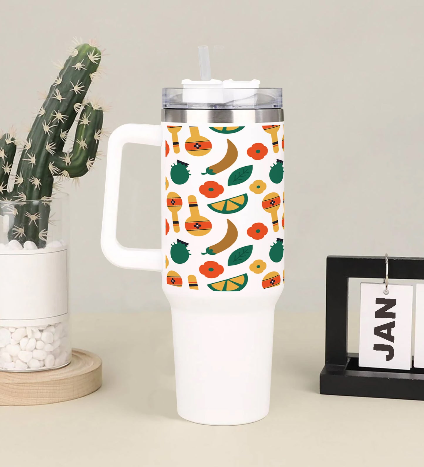 Flat patterns with traditional mexican elements 1 Printed 850ML with Lid Leak Proof Big Travel Tumbler with Handle and Straw