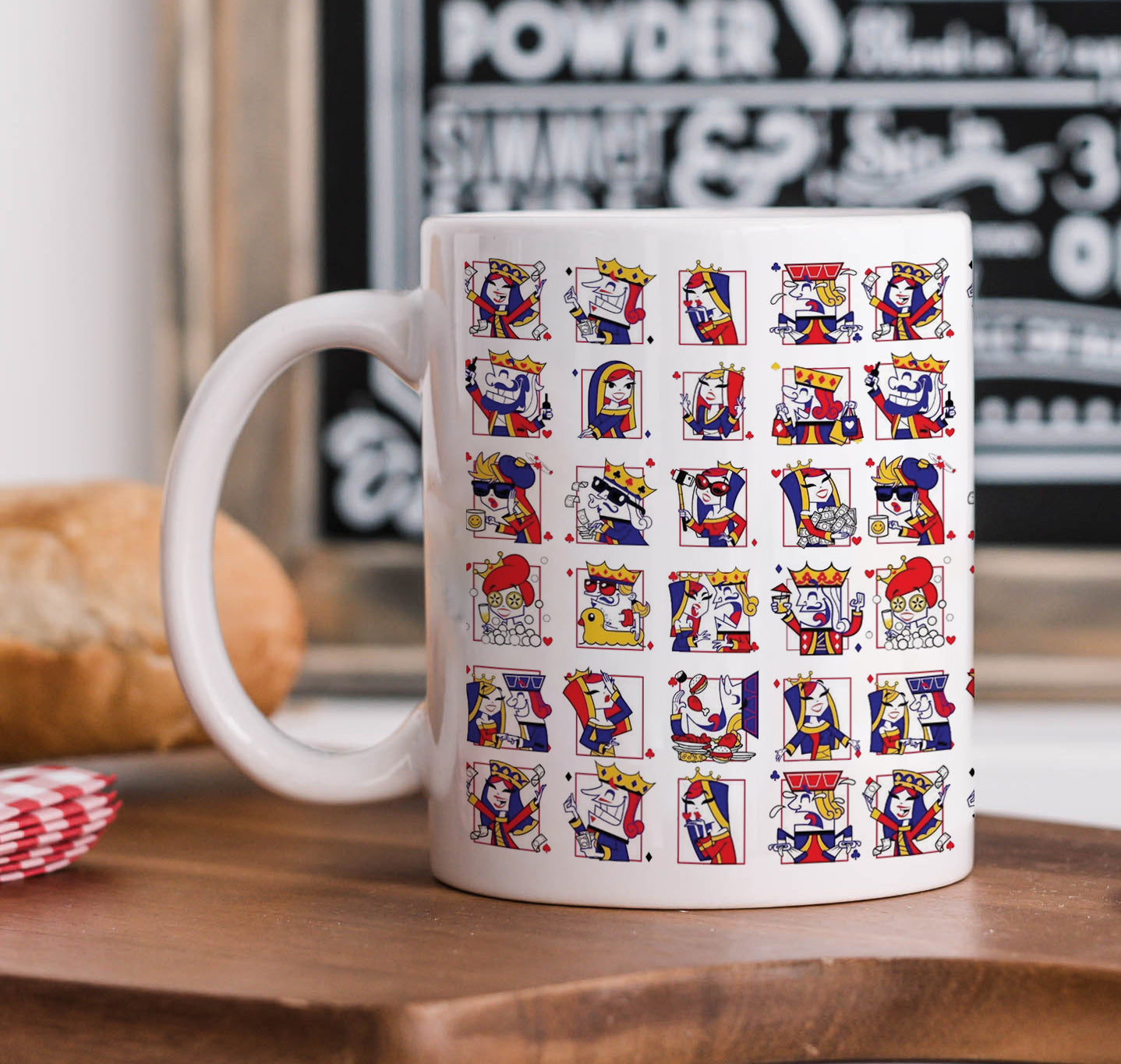 King and Queen Faces Pattern Printed 330 ml White Coffee Mug with Square Shape Wooden Keyring and Chain