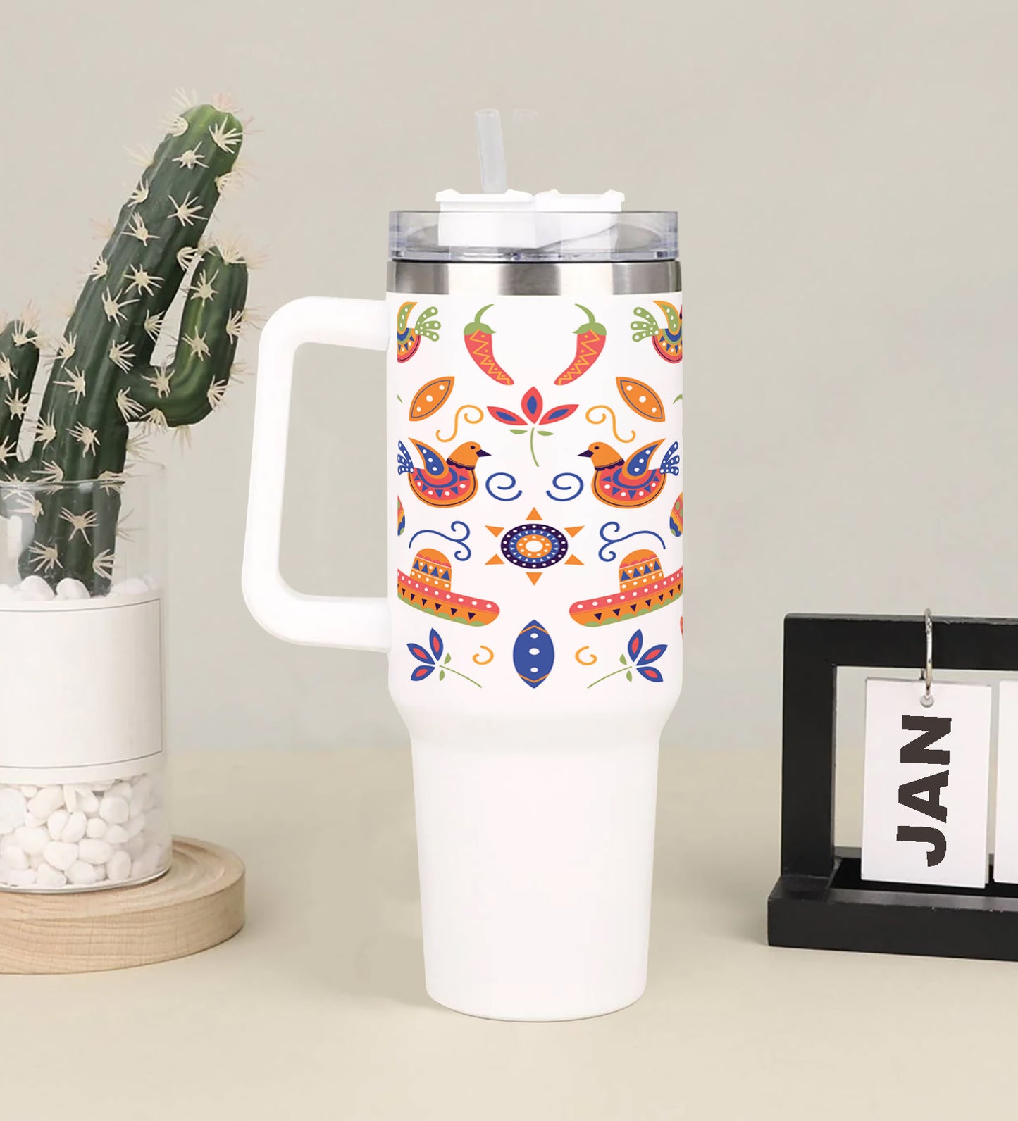 Flat colorful mexican design Printed 850ML with Lid Leak Proof Big Travel Tumbler with Handle and Straw