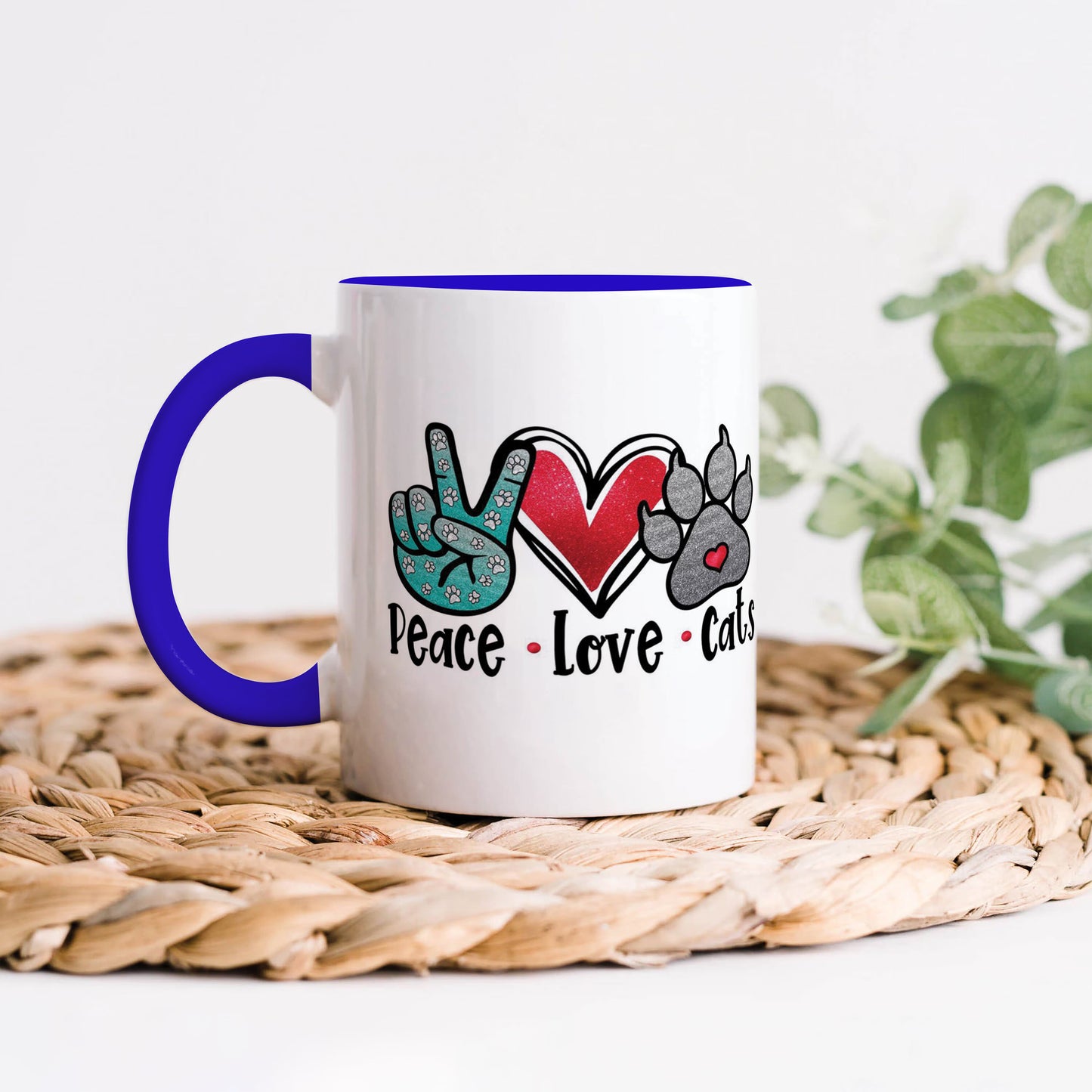 Peace Love cats design Dark Blue Handle 330 ml Coffee Mug