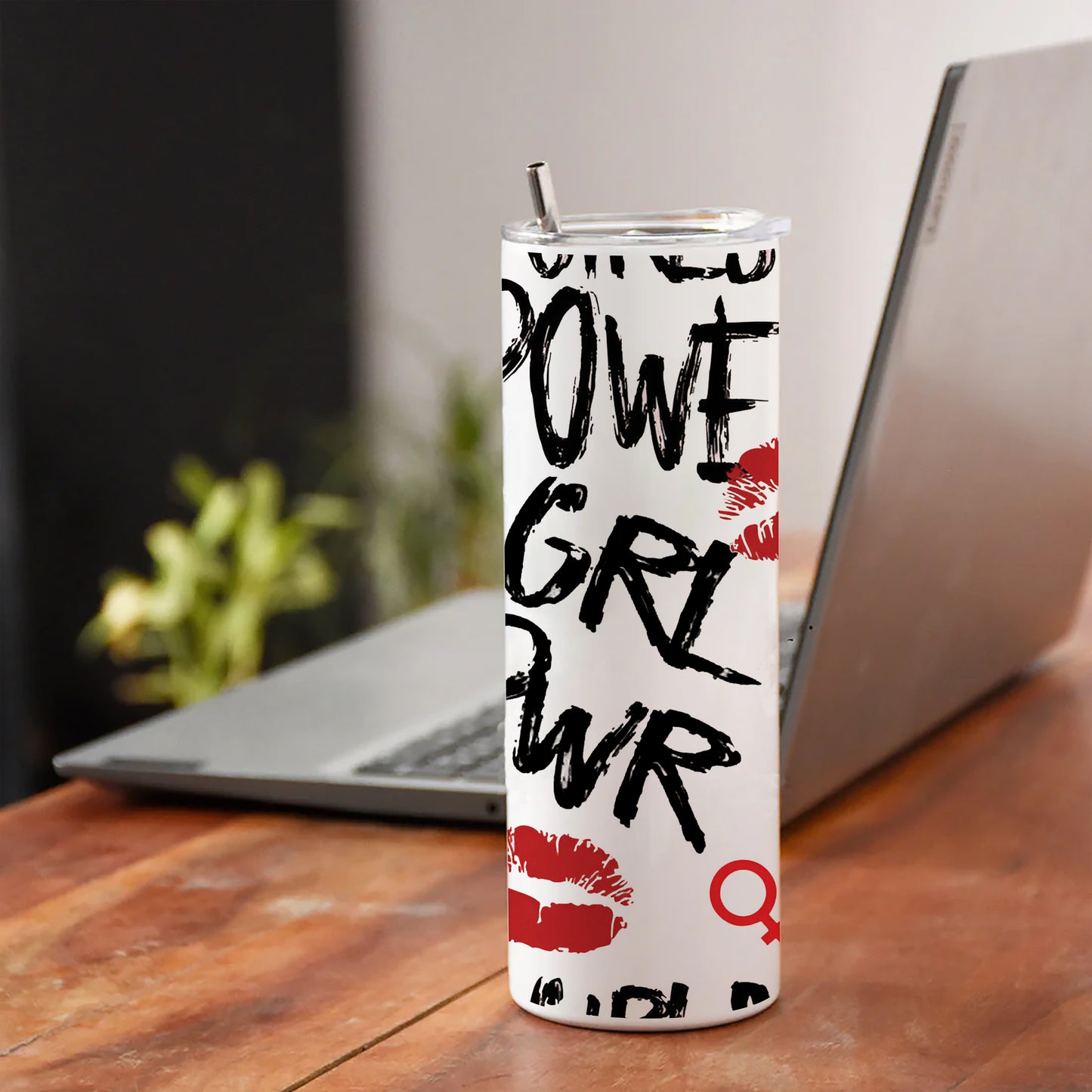 Girl power typography pattern Printed 750ML with Lid Leak Proof Travel Tumbler with Straw