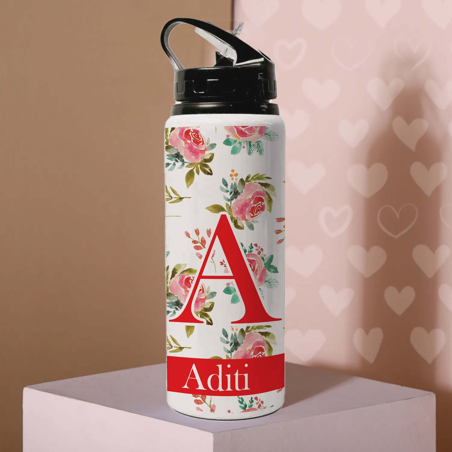 Personalised Floral Water Bottle with Lid & Straw