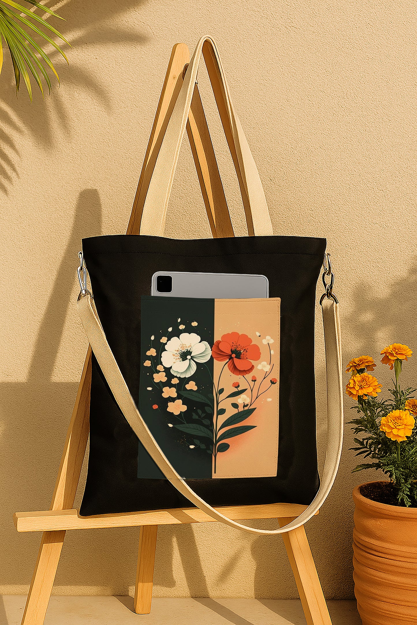 Flower Art 2 Printed Women's Girls Cross Body Sling Bag with Extra Front Pocket, College Bag for Girls, Tote Bag for Shopping,Travel