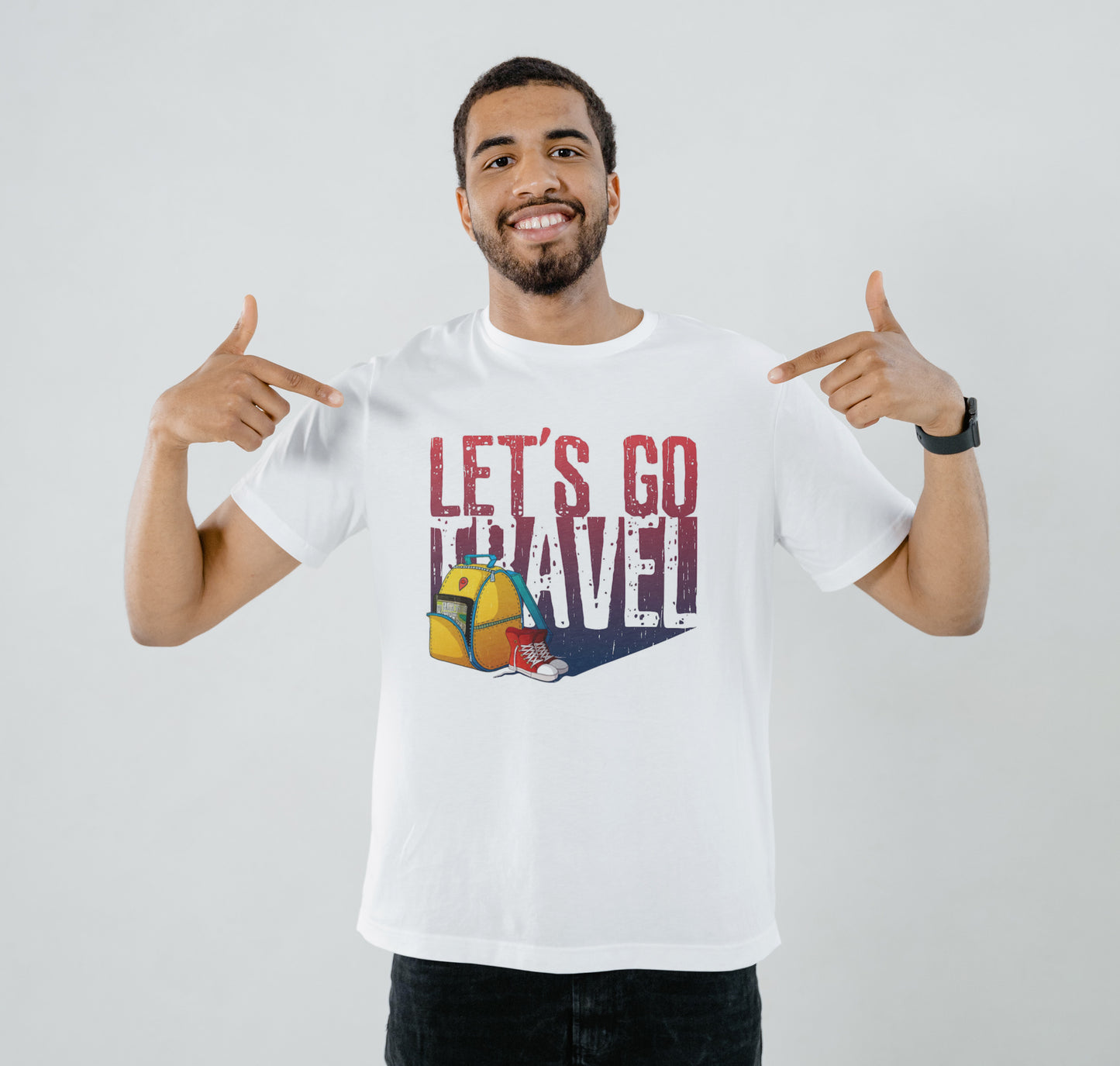 Motivational poster, placard, picture with grunge texture, red sneakers, yellow backpack Printed White Round Neck Polyester T Shirt for Mens and woman's